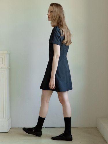 A Puff Sleeve Nylon Mini Dress_Navy - AMONG - Modalova