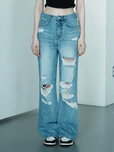 W1050 DAMAGE WIDE DENIM PANTS_MEDIUM BLUE - WAAR - Modalova