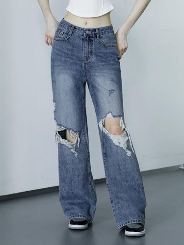 W1053 DAMAGE WIDE DENIM PANTS_MEDIUM BLUE - WAAR - Modalova