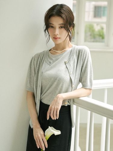 See Through Short Sleeve Knit Cardigan_Light Gray - Siyazu - Modalova