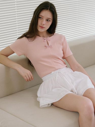 Ribbon Ribbed T-shirt - Pink - Laminez - Modalova