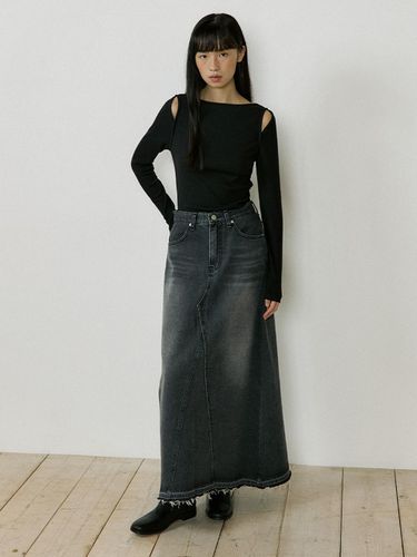 Mid-Rise Denim Long Skirt (black) - Lucirzu - Modalova