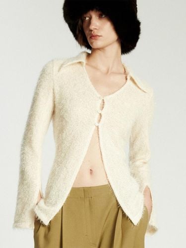 Fluffy collar knit cardigan beige - LIE MEQUE - Modalova