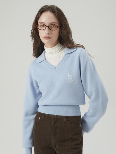 JACQUARD COLLAR V-NECK KNIT_SKY BLUE - ITER - Modalova