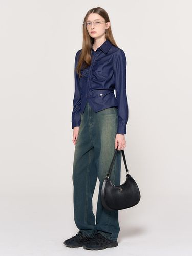 Belted Collar Shirred Shirt_Dark Blue - GENERAL IDEA - Modalova