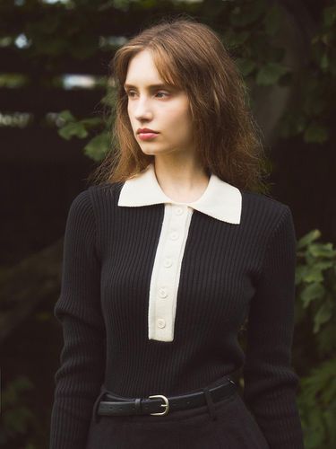 COLOR BLOCK LONG SLEEVED POLO KNIT_BLACK - EVMOIU - Modalova