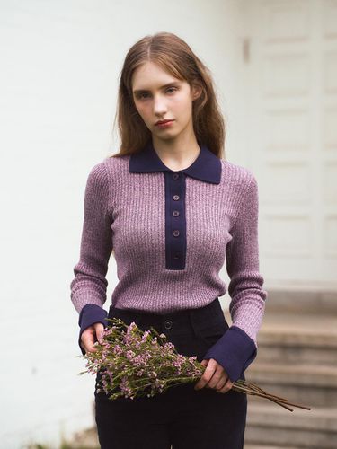 COLOR BLOCK LONG SLEEVED POLO KNIT_PURPLE - EVMOIU - Modalova