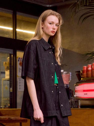 Washed Denim Half Sleeve Shirt (WASHED BLACK) - DTHIRTYONE - Modalova