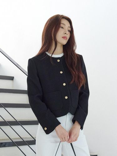 Tweed round neck short jacket [BK] - LeftSeoul - Modalova