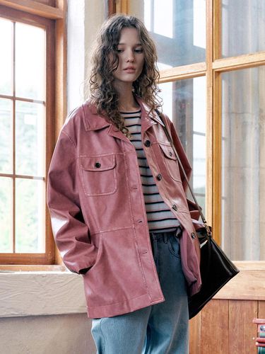 Open Collar Leather Jacket (PINK) - VOCAVACA - Modalova