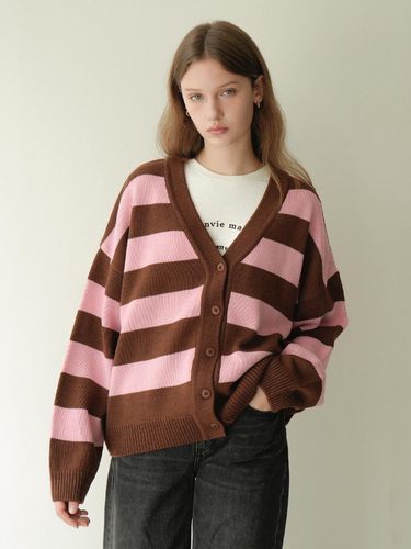 Wool Stripe V-neck Knit Cardigan (Brown) - VLETI - Modalova