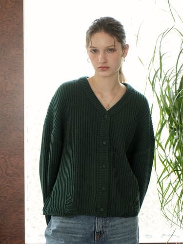 Wool V-neck Destructed Knit Cardigan (Green) - VLETI - Modalova