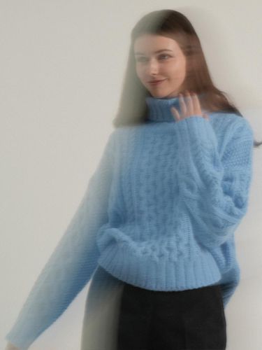 Wool Cable Turtleneck Sweater (Skyblue) - VLETI - Modalova