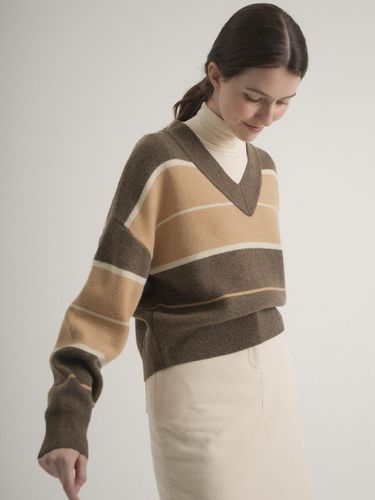 Cashmere V-neck Colorblock Knit (Brown) - VLETI - Modalova