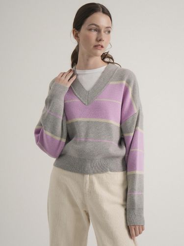 Cashmere V-neck Colorblock Knit (Gray) - VLETI - Modalova