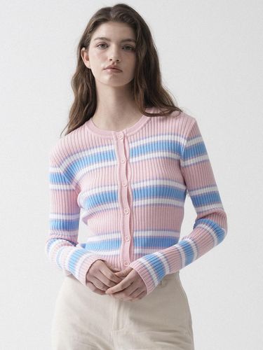 Cotton Round Stripe Knit Cardigan (Pink) - VLETI - Modalova