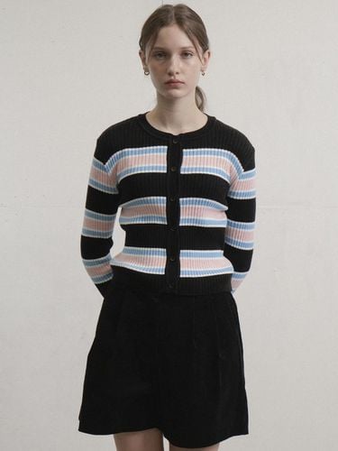 Cotton Round Stripe Knit Cardigan (Black) - VLETI - Modalova