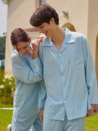 Unisex Vertical Striped Long Sleeve Pajama Set [Blue] - OFFHOUR - Modalova