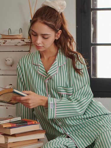 Unisex Striped Long Sleeve Pajama Set [GREEN] - OFFHOUR - Modalova