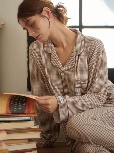 Dainy Check Fleece Long Sleeve Pajama Set [PINK] - OFFHOUR - Modalova