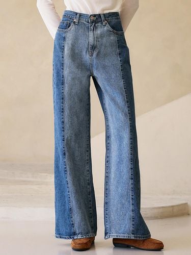 Side Color Block Slub Wide Washed Denim Pants - JUARR - Modalova