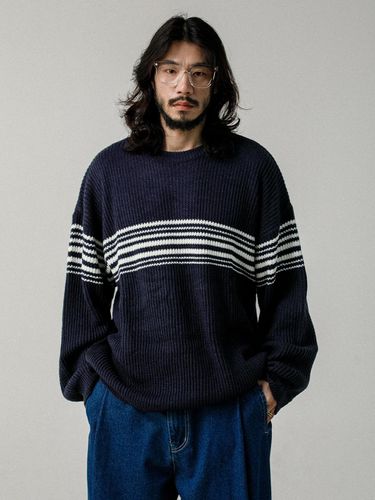 Line Point Round Neck Knit Navy - RUGGED HOUSE - Modalova