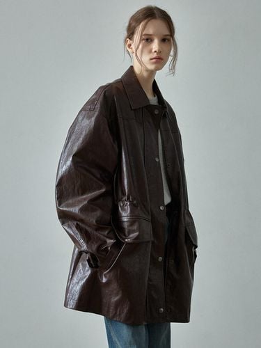 Leather Utility Jacket - Brown - FACADE PATTERN - Modalova