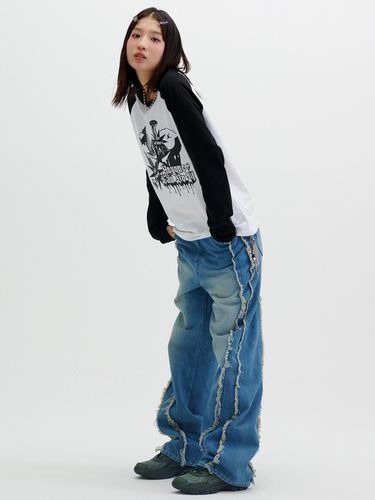 WASHED INCISION WIDE DENIM PANTS [BLUE] - runningHIGH - Modalova