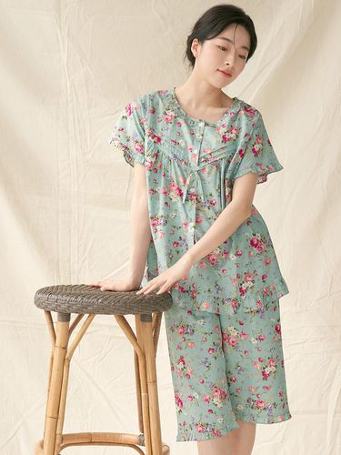 Green Rose Short-Sleeved Cotton Sleepwear Set - MAY FLOWER - Modalova