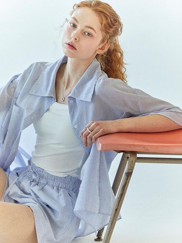 Summer Stripe Half Sleeve Shirt_BLUE - SY2C - Modalova