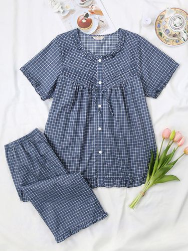 Check Round Short-Sleeved Cotton Sleepwear Set - MAY FLOWER - Modalova