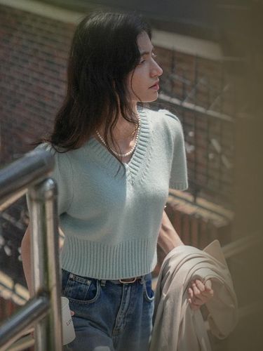 V-neck Knit Top - Sky Blue - TILLIDIE - Modalova