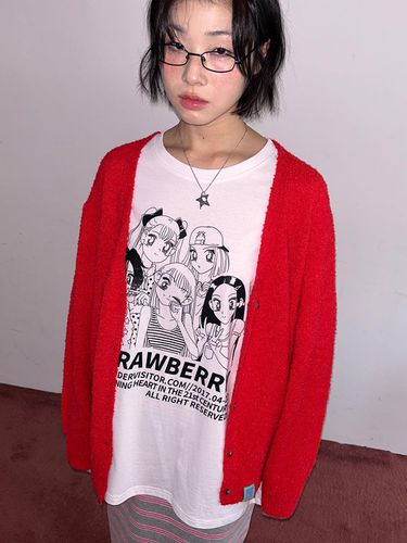 Logo V-neck Boocle Cardigan [Red] - WONDER VISITOR - Modalova