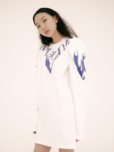 Logo printed puff sleeves mini cotton dress - vente - Modalova