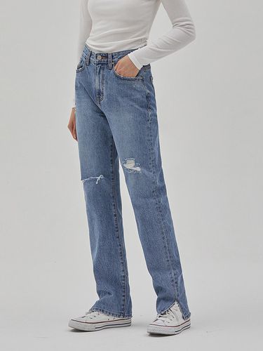 DENIM DESTROTED STRAIGHT SLIT PANTS - RYUL + WAI: - Modalova