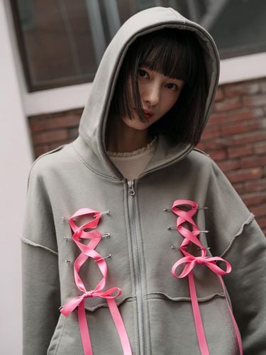 Corset Ribbon Hooded Zip-Up_Khaki - HIGHSCHOOLDISCO - Modalova