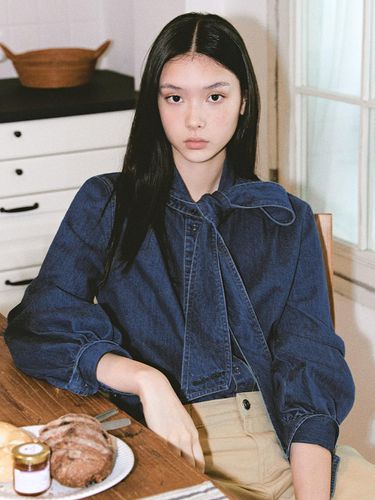 Ribbon Tie Collared Sleeve Denim Blouse - marieclaire - Modalova