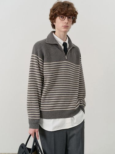 UNISEX STRIPED HALF ZIP-UP SWEATER CHARCOAL /BEIGE - Dunst for MEN - Modalova