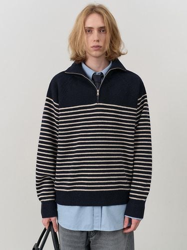 UNISEX STRIPED HALF ZIP-UP SWEATER NAVY / BEIGE - Dunst for MEN - Modalova