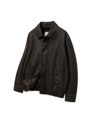 Washed Lettering Embroid Leather Jacket_Black - V2 - Modalova