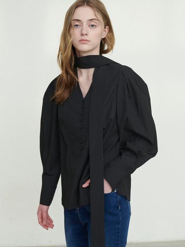 Tie Puff Sleeve Blouse - Black - LOEUVRE - Modalova