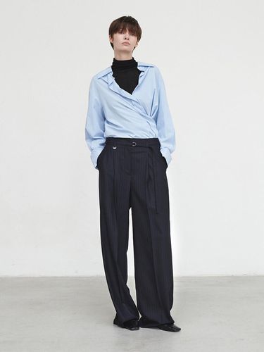 Wool Blended Wide Pants - Dark Navy - LOEUVRE - Modalova