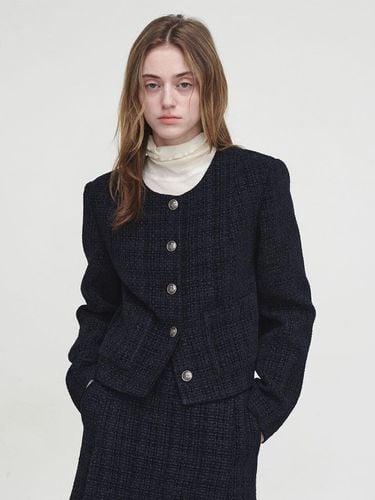 Round Neck Tweed Blazer - Dark Navy - LOEUVRE - Modalova