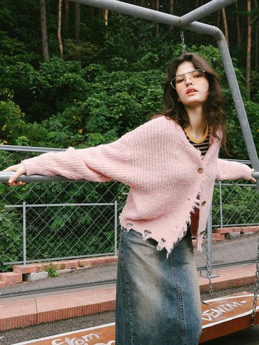 Heart Wool Damaged Knit Cardigan (Pink) - Naked Surf Club - Modalova