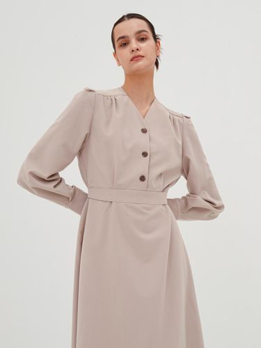 V-neck Long Sleeve Shirt Dress _Beige - ACUD - Modalova