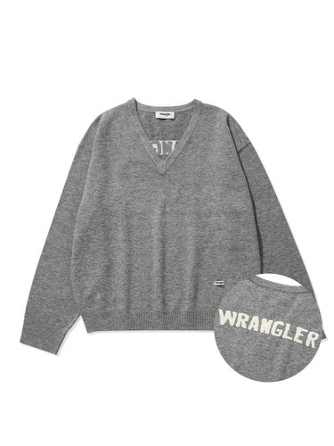 Logo Jacquard V - Neck Sweater Melange Grey - Wrangler - Modalova