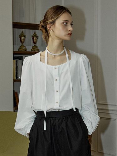 Ribbon Tie Square Neck Blouse - White - NONLOCAL - Modalova