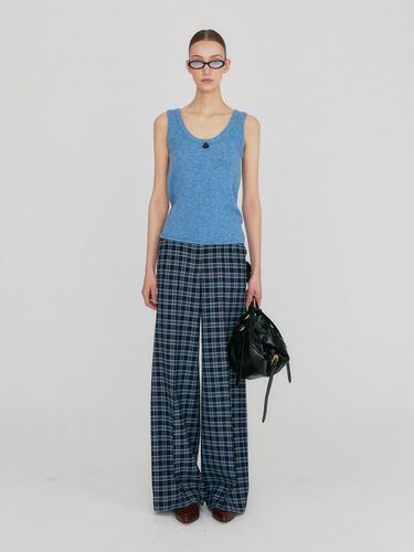 Relaxed Wide-leg Plaid Pants [Navy/Sky Blue] - EENK - Modalova