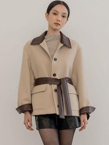 LEATHER COLLARE WOOL HALF COAT - DEFEMME - Modalova