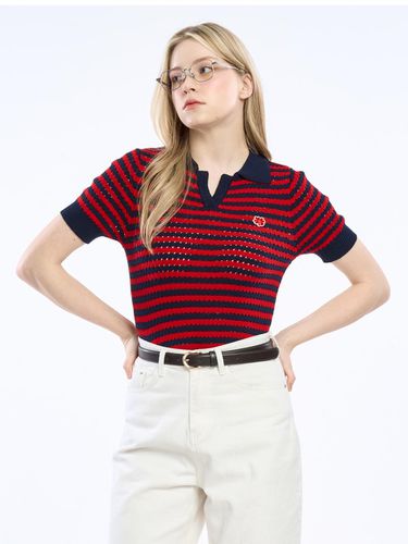 Clover wappen striped collar knitwear_navy/red - CLEVER FIELD - Modalova